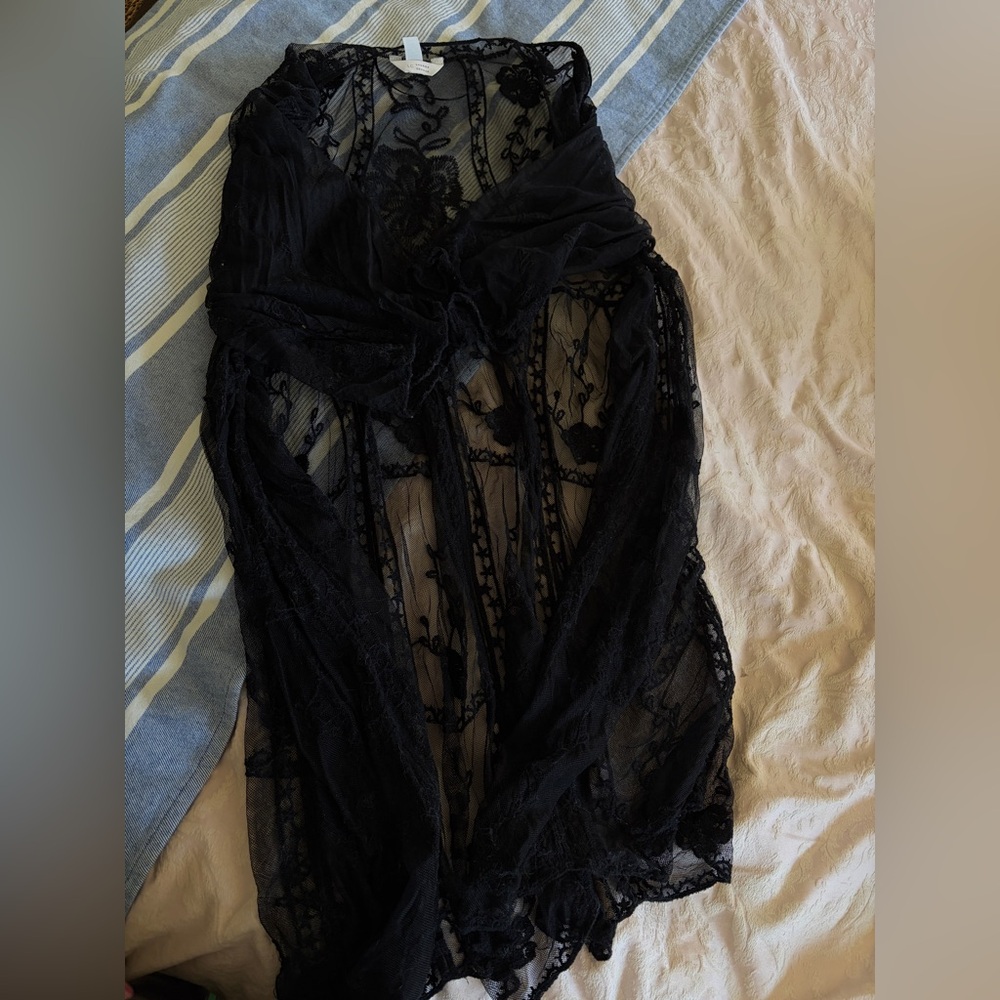Black Faux Lace 3/4 Sleeve Open Front Duster - One Size Fits Most